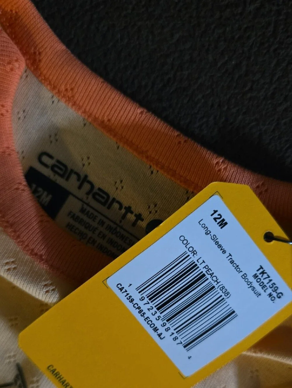 Carhartt Yellow Baby Long Sleeve Bodysuit with Orange Trim & Tractor